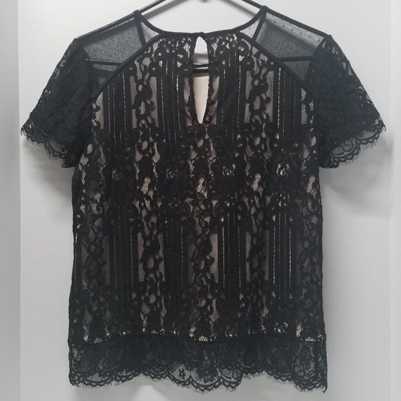 Express Black Lace and Mesh Short Sleeve Blouse - Picture 3 of 13